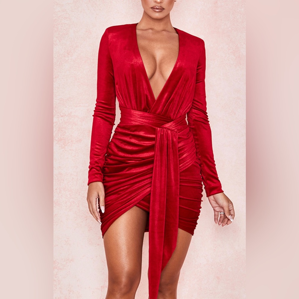 House of CB Farrah Red Velvet gathered deep V mini dress